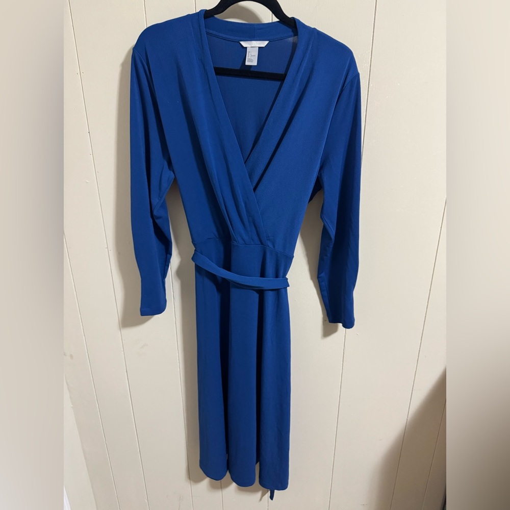 H&M Royal Blue Wrap Dress tie waist size large stretch